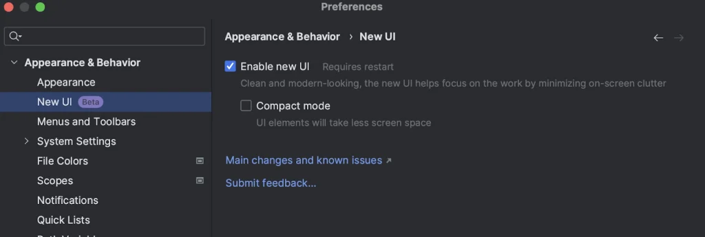 Screenshot of "Enable new UI" checkbox